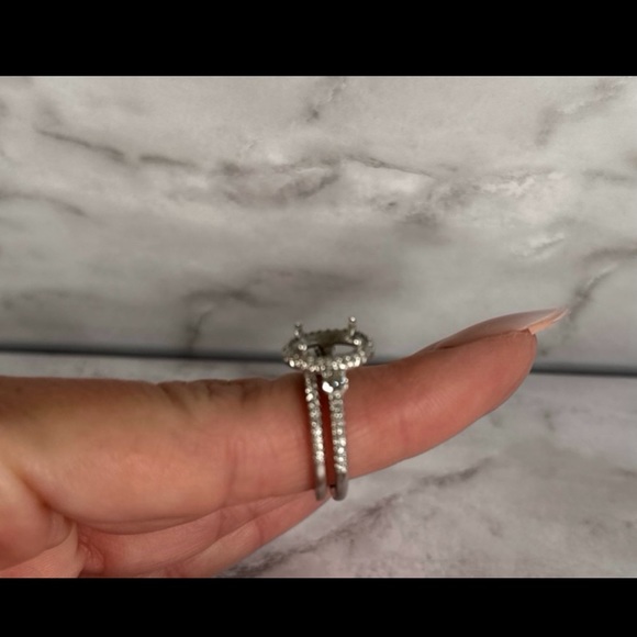 Platinum 3 Stone Halo Diamond Band Engagement Ring & Matching Diamond Band - Picture 5 of 5